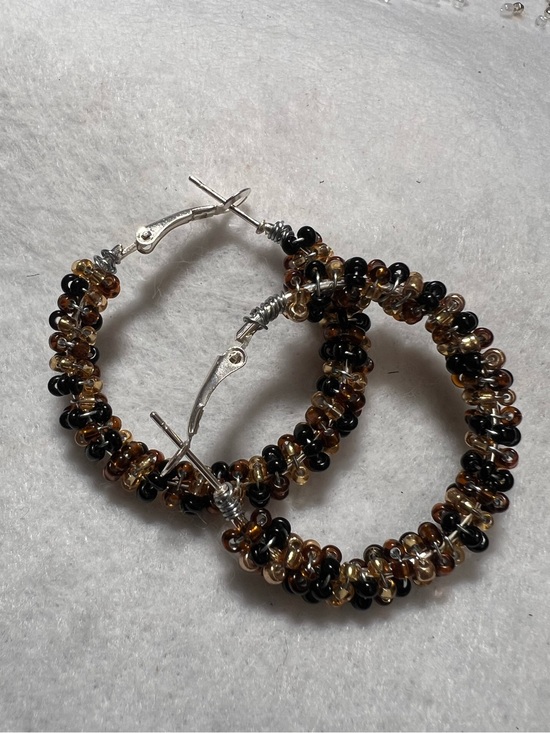 Jewelry - Handmade Wire Wrapped Seed Bead Hoop Earrings Stainless Steel Black Amber Gold